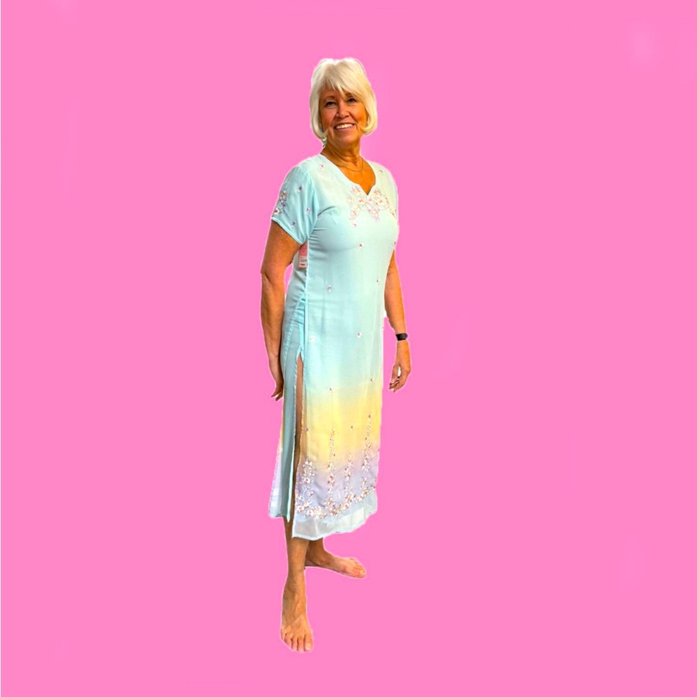 Size M Vintage Embroidered Juliet by Saffron Multicolor Pastel Chiffon Tunic